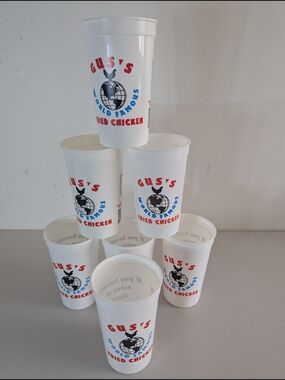 Gus’s World Famous Fried Chicken Plastic Cups White Reusable - Set of 7